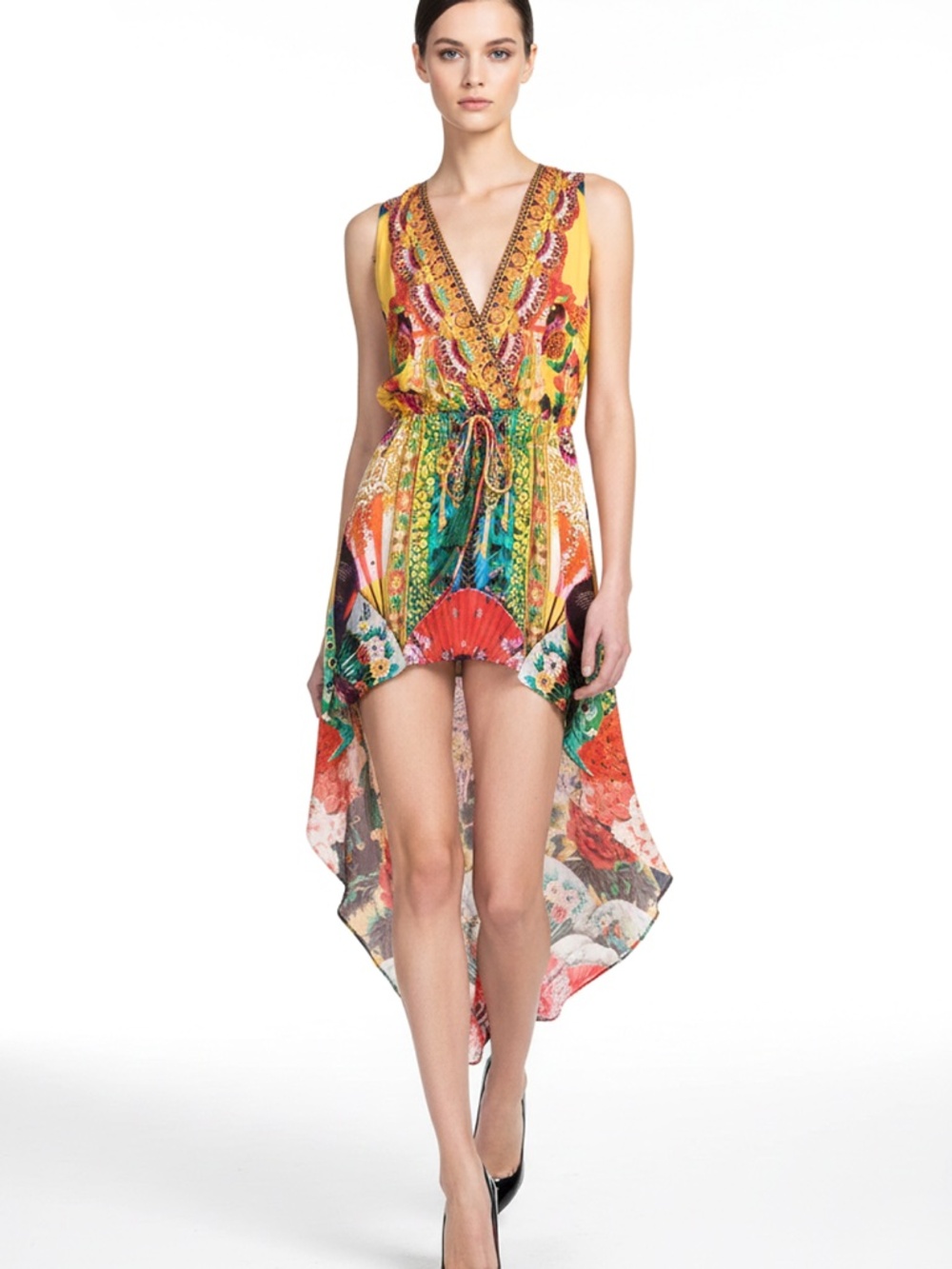 Shahida Parides Yellow Japanese Print High Low Backless Dress